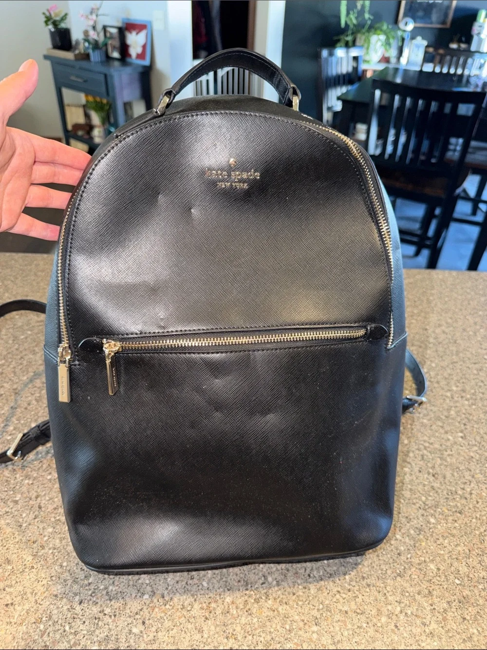 kate spade Black Leather Saffiano Backpack with Gold Hardware